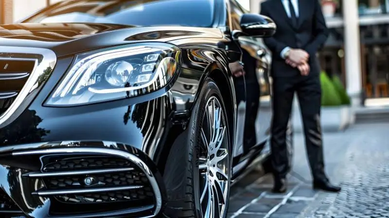 Chauffeur privé en costume sombre devant une Mercedes noire à l'aéroport de Nice Côte d'Azur — accueil VTC professionnel